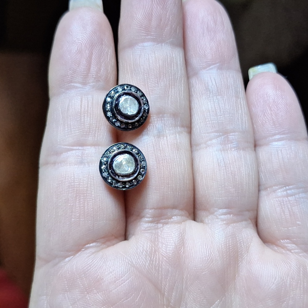 Diamond silver gold stud earrings halo polki moghul
